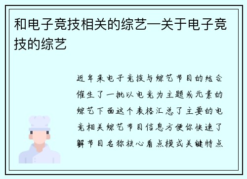 和电子竞技相关的综艺—关于电子竞技的综艺